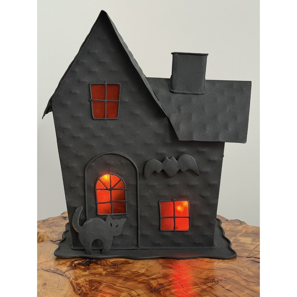 Vintage Halloween Metal Haunted House Lighted or Tea Light Holder 9.75"x8.25"